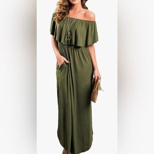 THANTH 
Womens Off The Shoulder Ruffle summer Dress Side Split Beach Maxi